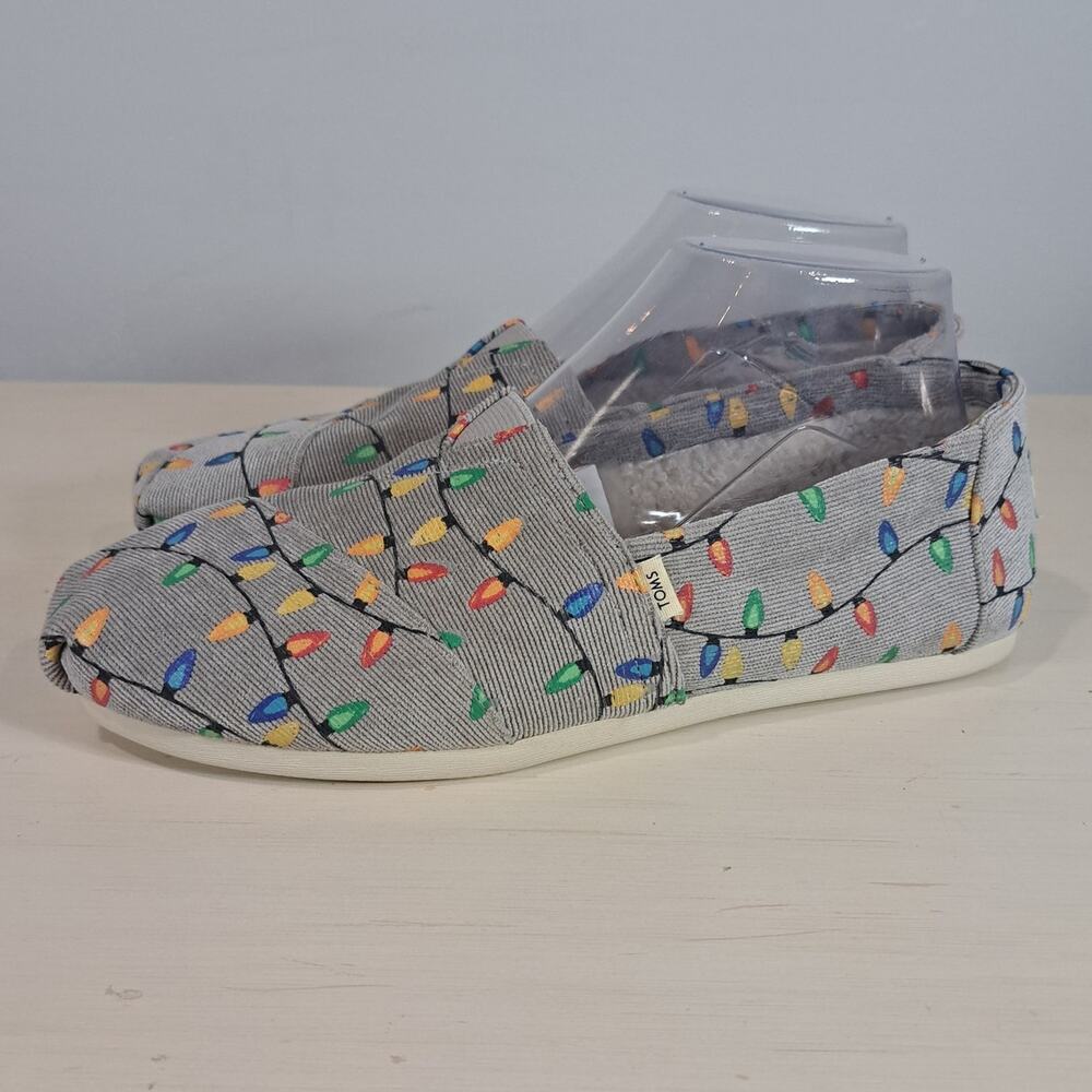 Toms Corduroy Grey Christmas Light Slip on Holiday Shoes Women's Size 8